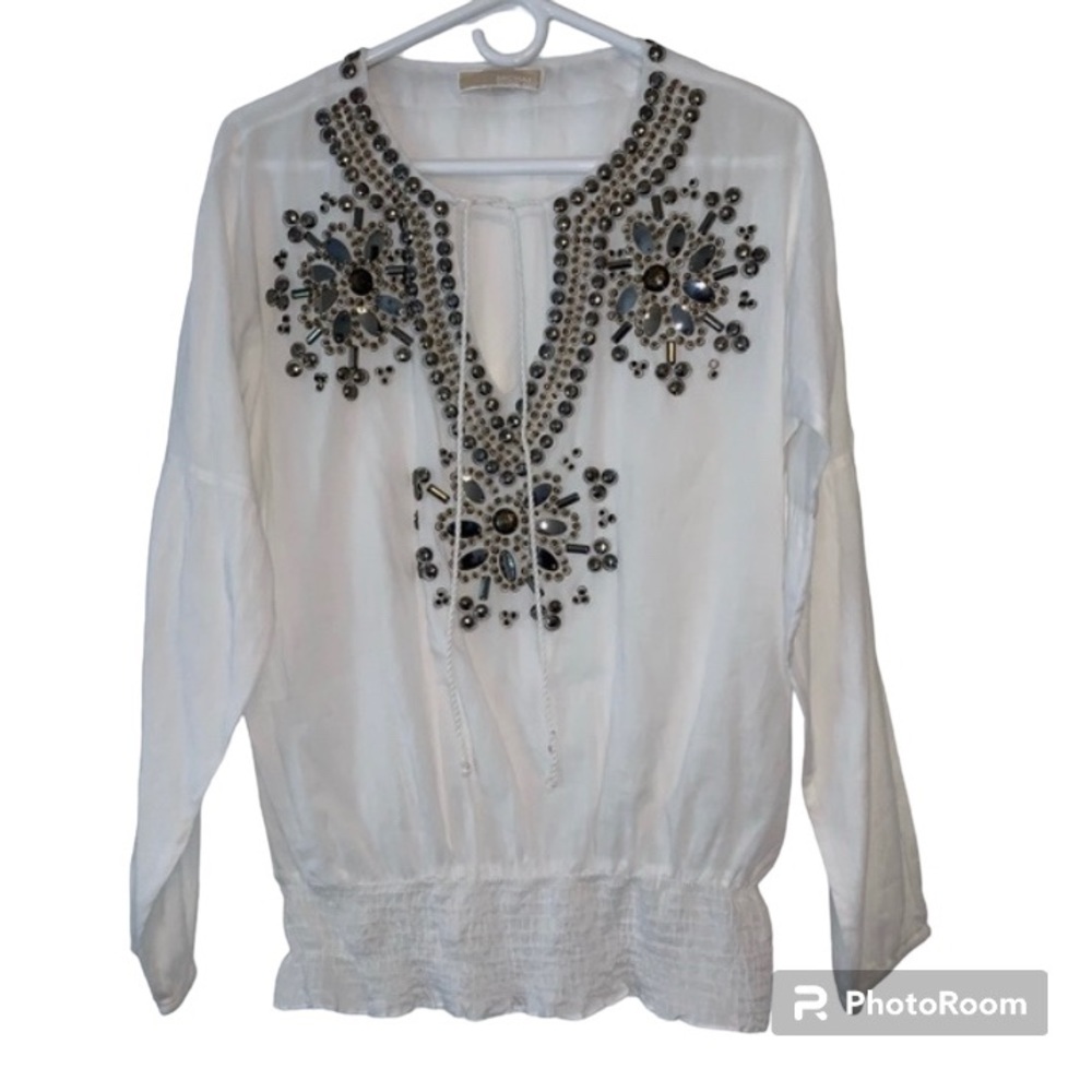 MICHAEL KORS TUNIC TOP WHITE BOHO WHIMSICAL BLACK EMBELLISHMENTS LONG SLEEVE